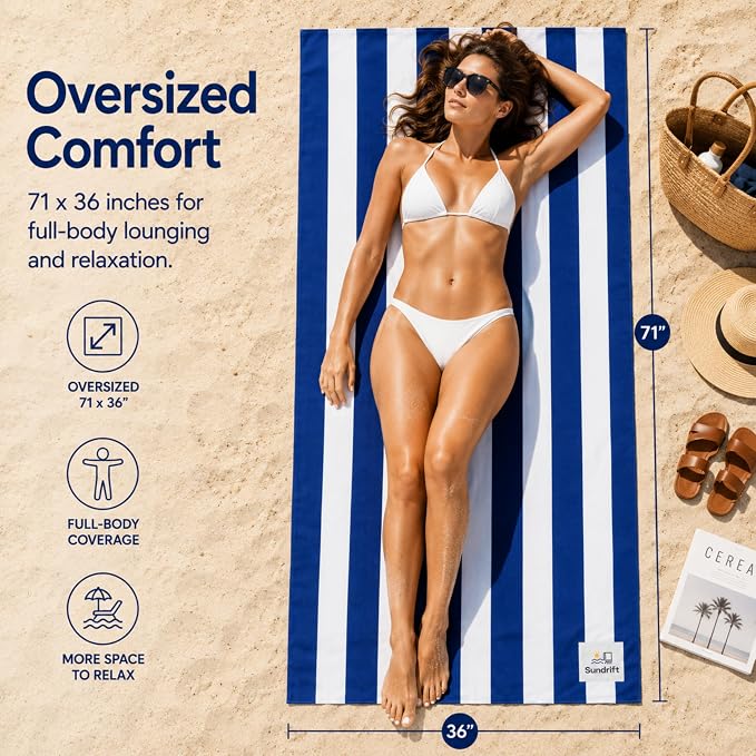 Oversized Microfiber Beach Towel 71x36 Inch, Quick Dry Sand Free Travel Towel, Lightweight Sueded Beach Blanket for Pool, Camping, Yoga & Beach Trips (Navy Blue)