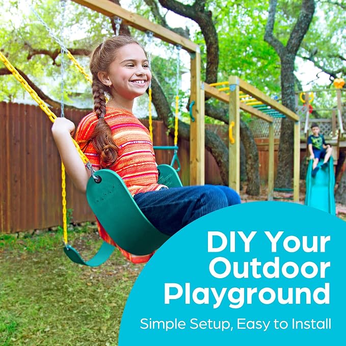 Jungle Gym Kingdom Swing for Outdoor Swing Set - Swing Seat Replacement Kit with Heavy Duty Chains - Backyard Swingset Playground Accessories for Kids - Green, 2 Pack