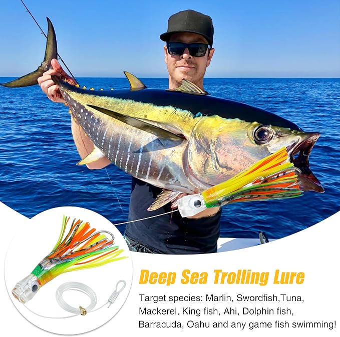 Trolling Lures Saltwater for Tuna Mahi Marlin Wahoo Dolphin Shark Offshore Trolling Baits with Squid Skirt Big Game Fishing Lures Deep Sea Squid Skirts Rig 6/9 inch
