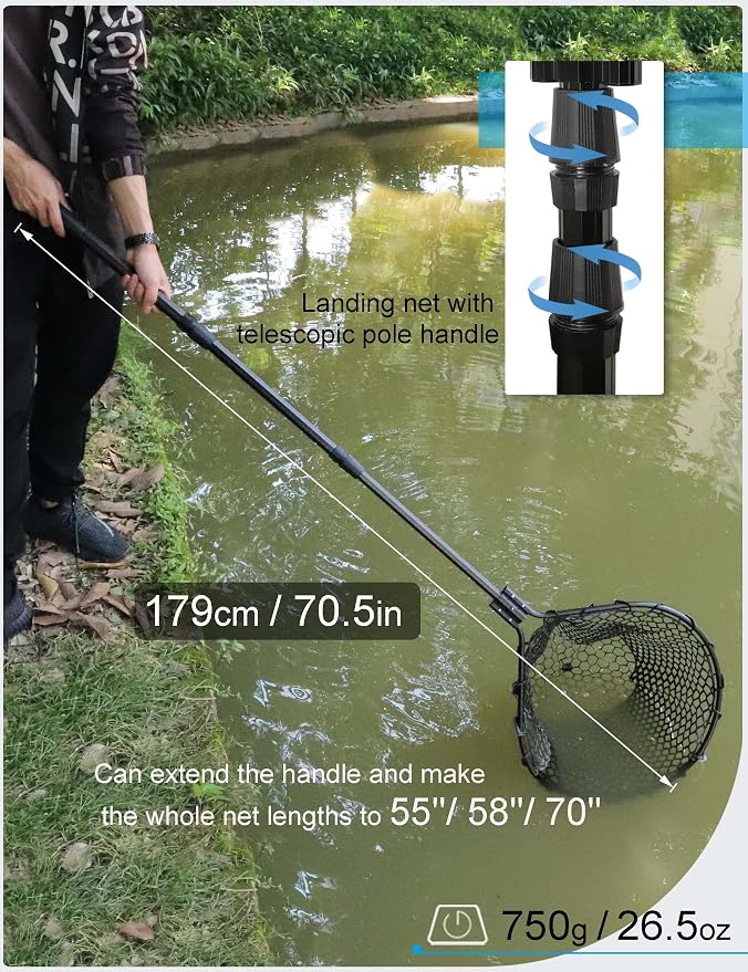 Hlotmeky Extra Long Fishing Net - 70" Telescoping Handle Large Rubber Landing Net for Kayak, Pier & Boat - Foldable Heavy Duty Saltwater Net - Catch & Release Snag-Free Mesh for Large Fish