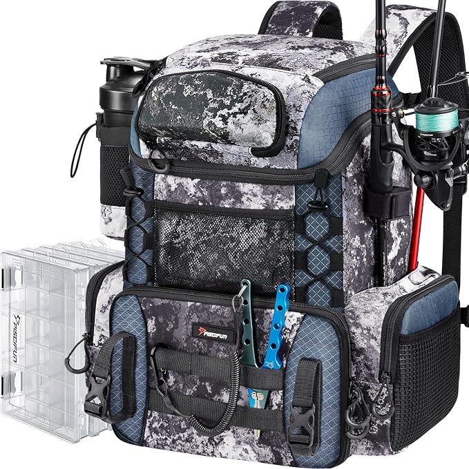 Piscifun Fishing Tackle Backpack with Rod Holders & 4 Tackle Boxes, 42L Outdoor Fishing Bag with Waterproof Rain Cover