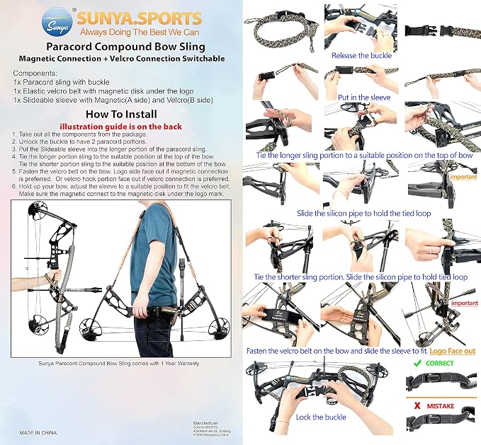 SUNYA Paracord Compound Bow Sling with V2 Upgraded Magnetic Connection System. Lightweight Hands Free Shoulder Carrying Sling for Bow Hunting, Field Archery and 3D