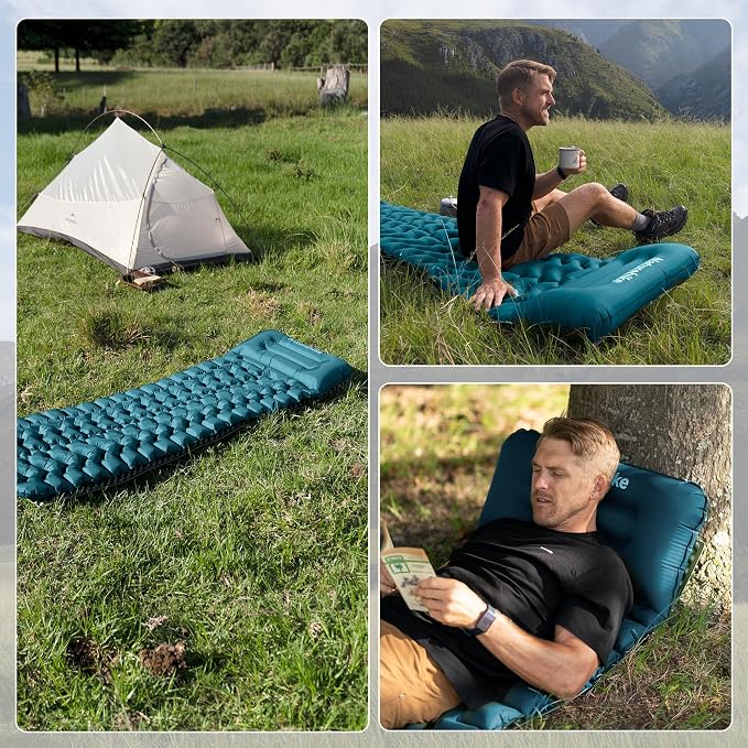 Naturehike Camping Sleeping Pad, Ultralight Inflatable Sleeping Mat with Pillow, Built-in Foot Pump, 3.74 Inch Lightweight Air Mattress for Camping, Backpacking, Hiking, Traveling