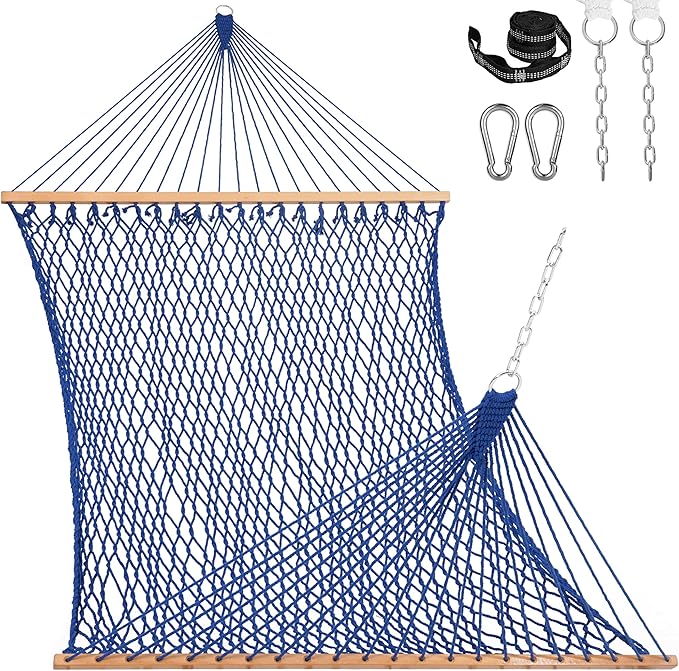 Lazy Daze Hammocks 12FT Double Rope Hammocks, 2 Person Hand Woven Cotton Hammock with Spreader Bar for Outside, Patio, Poolside, FIT 13-15 FT Stand, Max 450 Lbs, Blue, 141 x 57 inches