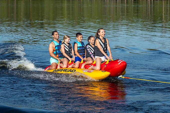 Airhead Hot Dog Towable Tube for Boating, 1-5 Rider Inflatable Boat Tube for Water Tubing, Full Nylon Cover, EVA Padding, Foam Padded Handles w/Neoprene Knuckle Guard, Speed Safety Valve