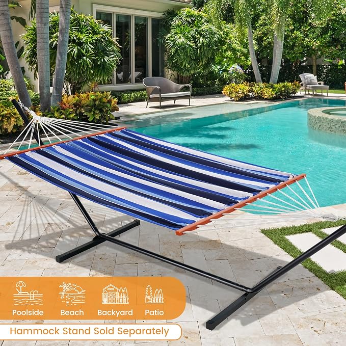 Lazy Daze Hammocks Cotton Fabric Double Hammock with 55" Spreader Bar, Portable Camping Hammock with Carrying Bag & Tree Straps for Patio, Backyard, Balcony, 450lbs Capacity, Blue
