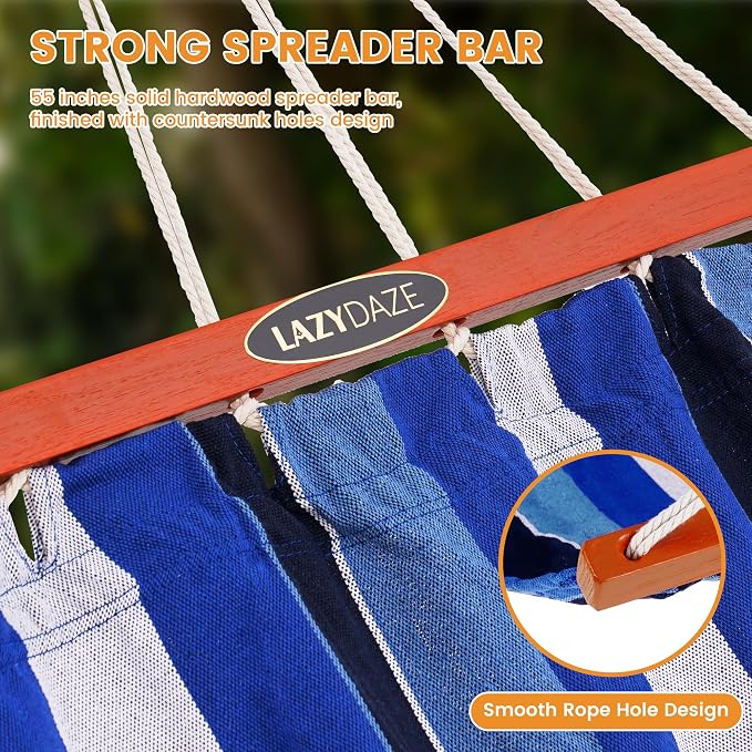 Lazy Daze Hammocks Cotton Fabric Double Hammock with 55" Spreader Bar, Portable Camping Hammock with Carrying Bag & Tree Straps for Patio, Backyard, Balcony, 450lbs Capacity, Blue