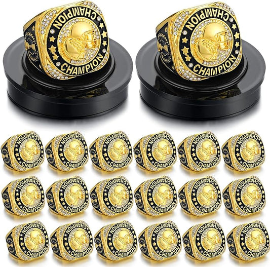 Highergo 20 Pcs Baseball Softball Basketball Football Champion Rings with Display Neck Chain and Stand Volleyball Soccer Cheer Trophy Rings Bulk for Tournament Award Gift