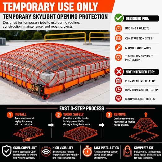 Tie Down Safety Portable Skylight Netting System | Bright Orange OSHA Compliant Temporary Fall Protection | Walking & Working Surface Safety Net | Includes Straps, Hooks & Carry Bag | 7x7 ft