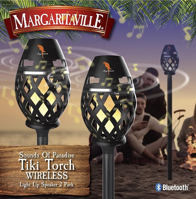 Margaritaville Tiki Torch - Waterproof Bluetooth Speaker, Portable Party Speaker with Flickering LED Lights, Perfect for Travel, Parties, Yards, and Pools (2 Pack)