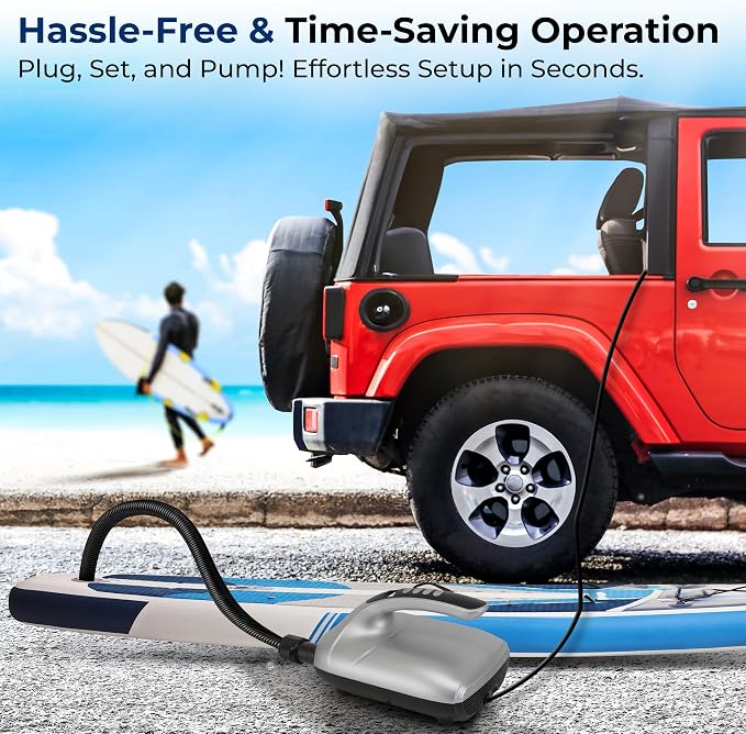 Paddle Board Pump Electric - Portable 20 PSI Dual-Stage Air Compressor for Super Fast Inflation and Deflation, Auto-Off, LCD Display and 12V Car Connector - for SUP, Boats & Inflatables