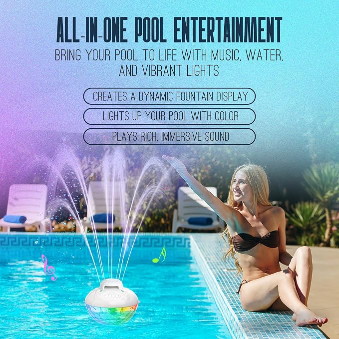 Floating Pool Speaker with Fountain & RGB Lights, 3-in-1 Bluetooth 5.4 Waterproof Speaker, IP68 Shower Speaker,Inflatable Hot Tub Accessories,10000mAh Battery,24H Playtime,Loud Stereo Outdoor Speaker