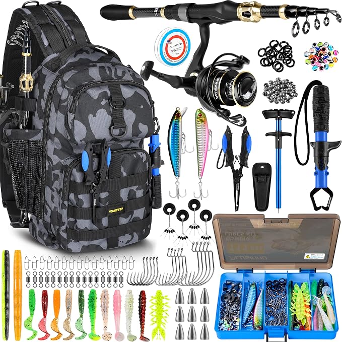 PLUSINNO Fishing Backpack with Fishing Rod and Reel Combos Tackle Boxes, Waterproof Tackle Backpack for Fishg Gear with Rod Holder, Fish Gifts for Men with Tool Kit