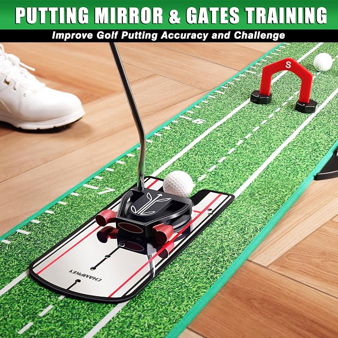 CHAMPKEY Professional Hazard Golf Putting Green Come with Golf Putting Gates and Putting Mirror - Progressive Slope Tech and Noise Reduction Tech Golf Putting Mat