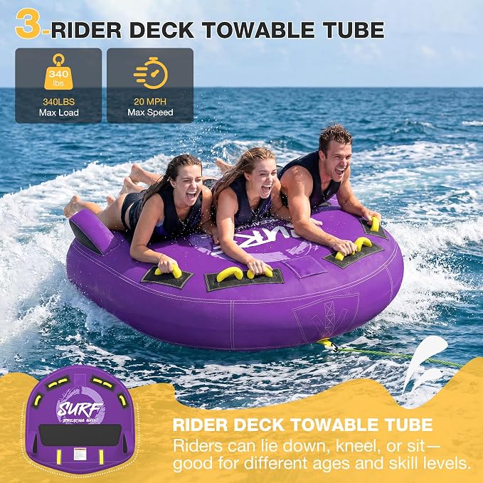 3-Person Deck Towable Tubes for Boating with Winged Side Bolsters and Towable Rope, Padded Bolster Guard Handles & Quick-Connect Tow Point