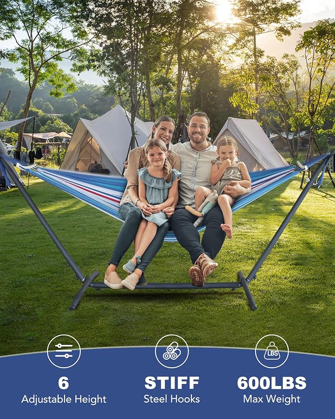 EveryFun Double Hammock with Heavy-Duty Steel Stand,Portable,Easy Assembly,600lbs Weight Capacity,Suit for Indoor,Yard,Camping,or Outdoor-Fine Blue