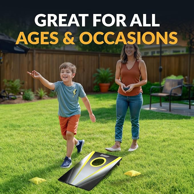 Hathaway Compact Cornhole Bean Bag Toss Game Set – Includes 2 Target Boards, 8 Bean Bags in Black and Yellow, and Carrying Case – Portable Cornhole Board Set for Outdoor Games