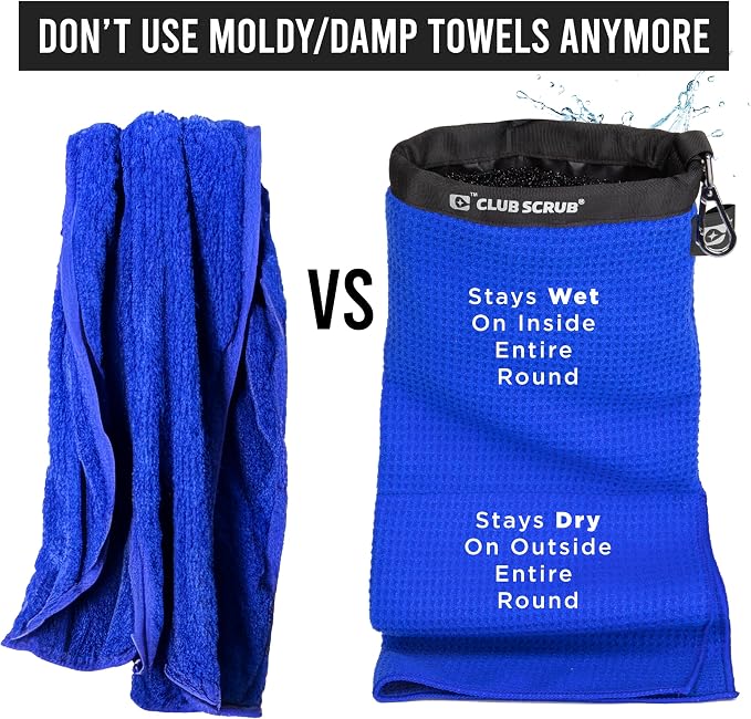 Club Scrub Towel Pro, Golf Club and Ball Cleaning Pouch with Attached Towel, Waterproof Exterior, Clean Face Technology Liner, Machine Washable, Cleans Club Grooves, Waffle-Weave Microfiber (Blue)