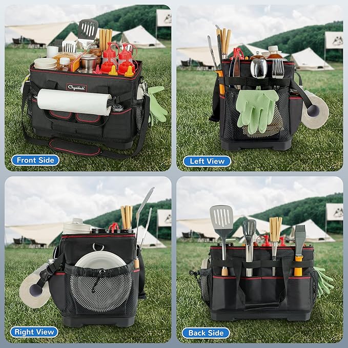 Chyaidach Large Grill Caddy with Hard Bottom and Paper Towel Holder, Picnic BBQ Condiment Utensil Organizer Caddy for Blackstone Griddle Accessories, Camping Essential, Outdoor Cooking, Tailgate, RV
