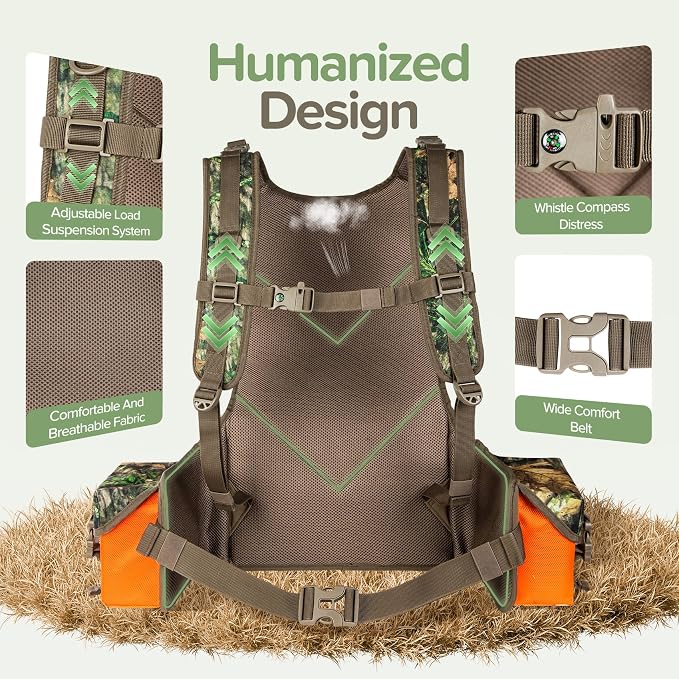 Upland Hunting Vest Backpack - Durable Orange Camo Game Vest with Multiple Pockets, Adjustable Fit, Bird Hunting Vest for Men