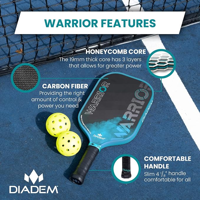 Diadem Warrior Pickleball Paddle | Carbon Fiber Face, 3X L-Core Hybrid Nomex Polymer Honeycomb Core, Grit Paint Surface for Spin, Control and Power | Indoor/Outdoor | USAPA Approved