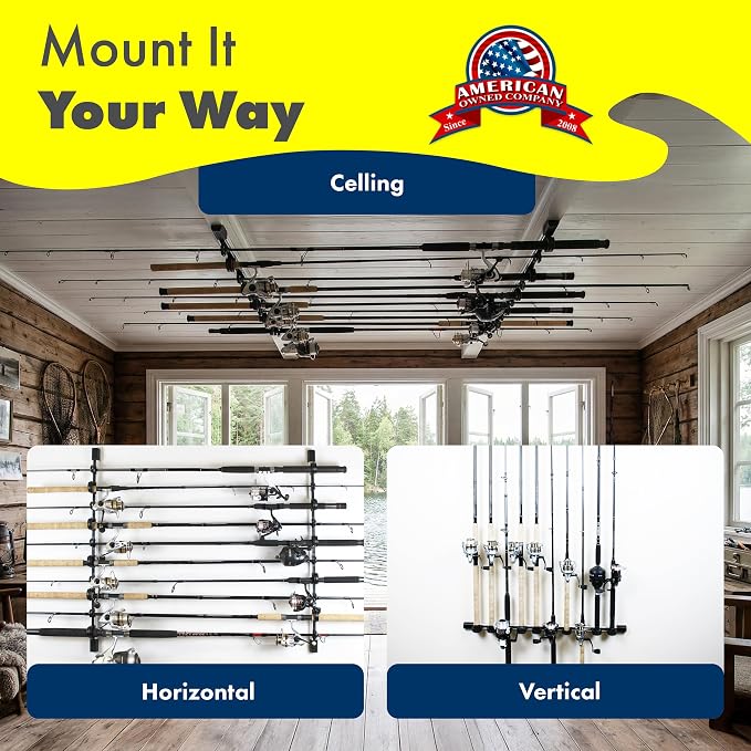 Rush Creek Creations | Fishing Rod Holder, Garage Organization and Wall Storage, for Reels, Gear and Accessories (Vertical/Horizontal Rack)