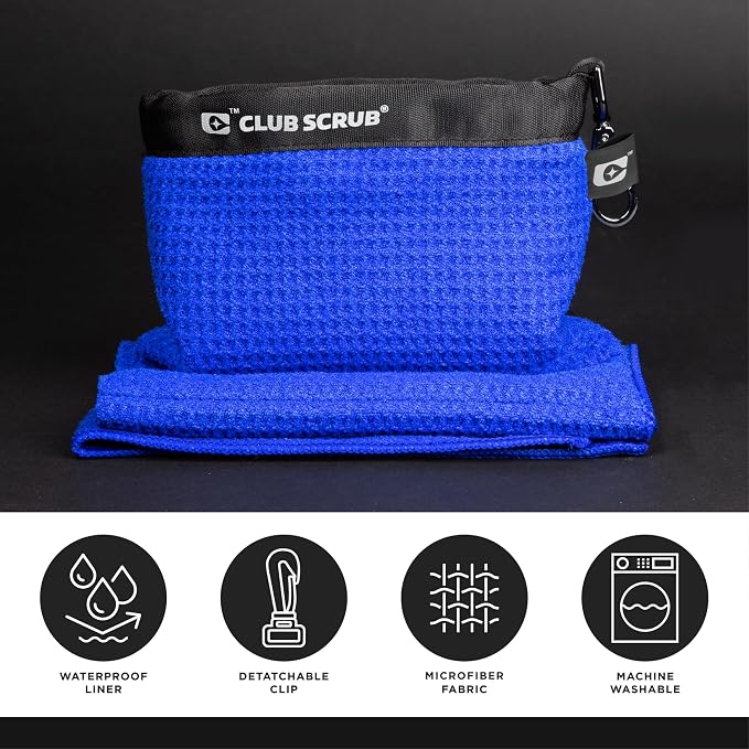 Club Scrub Towel Pro, Golf Club and Ball Cleaning Pouch with Attached Towel, Waterproof Exterior, Clean Face Technology Liner, Machine Washable, Cleans Club Grooves, Waffle-Weave Microfiber (Blue)