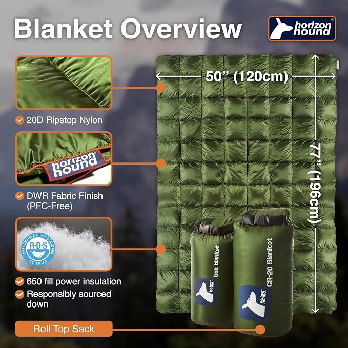 Horizon Hound Down Camping Blanket 650 Fill Power - Ultralight Backpacking Quilt (1lb 6oz) Warm & Water-Resistant 20D Nylon Shell for Outdoors, Camping, Hiking, Travel, & Stadium - Packable