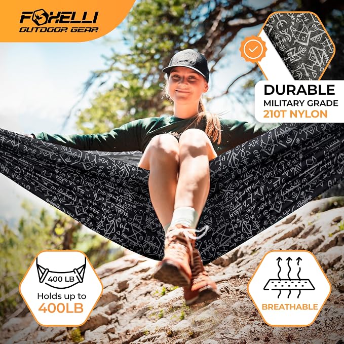 Foxelli Camping Hammock – Ultralight Hammock for Backpacking, Hiking, Festivals, Travel - Easy Setup with Tree-Friendly Ropes & Steel Carabiners, Heavy Duty Parachute Nylon