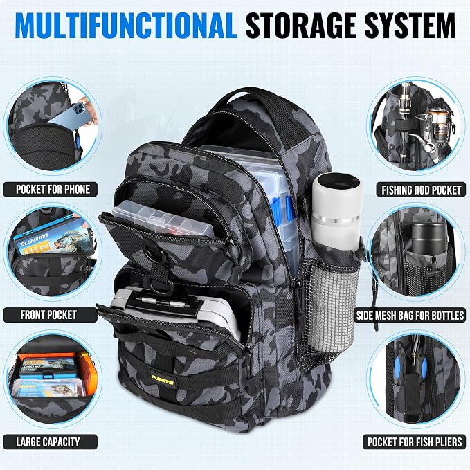 PLUSINNO Fishing Backpack with Fishing Floating Net, Fishing Gear, Tackle Boxes,Waterproof Fishing Tackle Bag, Fishing Gifts for Men