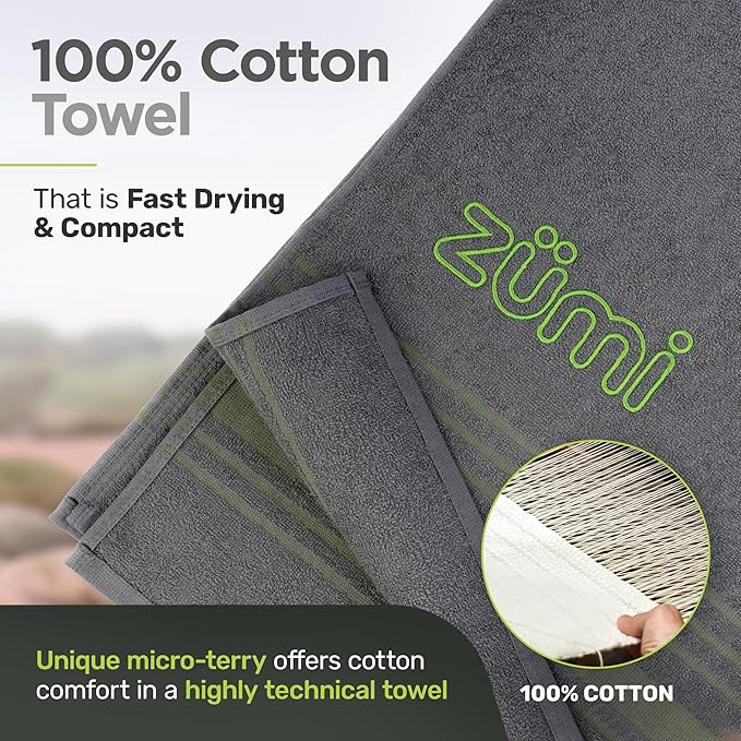 Zumi MINI 100% Cotton Camping Travel Towel - Small, Ultralight, Fast Drying, Highly Absorbent, Soft and Gentle on the Skin, Safe for the Planet (28"x13" Gray)