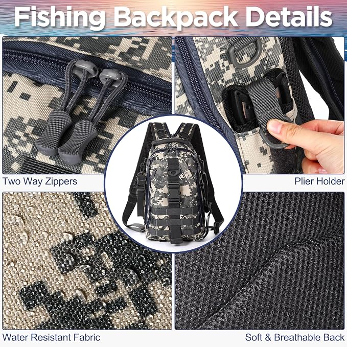 RoundFunny 85 Pcs Fishing Backpack with Tackle Boxes, Tackle Sling Bag with Rod Holder, Fish Lures and Pliers, Fish Tools Gears & Equipment Father's Day Fishing Gift for Dad Men