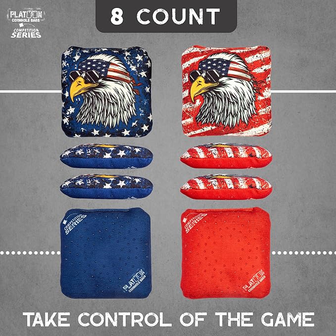Play Platoon Competition Series Cornhole Bags Set of 8 Regulation Professional Weight Double Sided Slick and Stick with Rubber Sticky Dot Slow Side for Pro Corn Hole Bean Bag Toss Game-Designed in USA