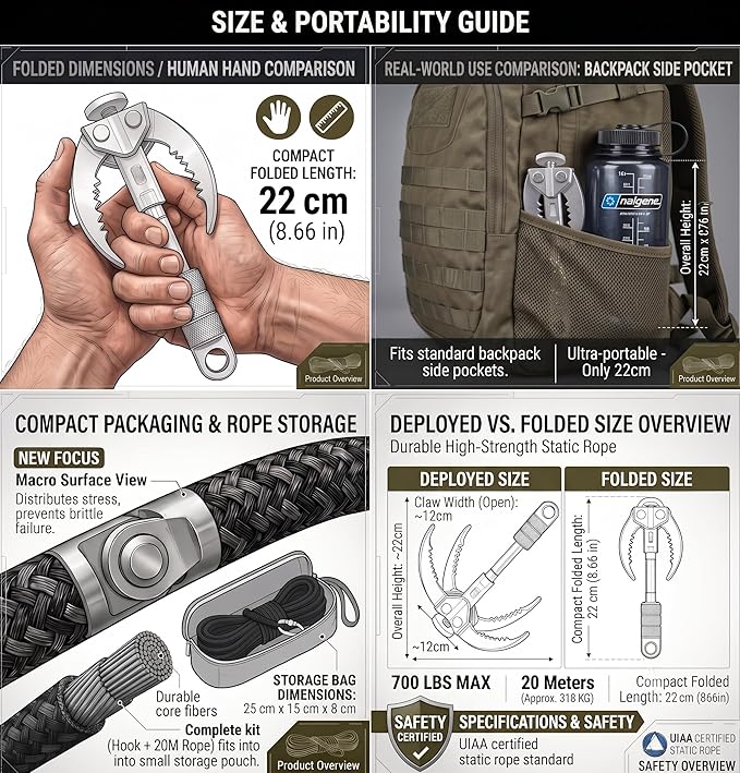 Grappling Hooks - Survival Claw Multifunctional Stainless Steel Large Hook with 20M(64ft) Static Rock Nylon Rope, Grappling Hook with Rope, Tree Climbing Gear Anchoring Fishing Rescue Vehicle Towing