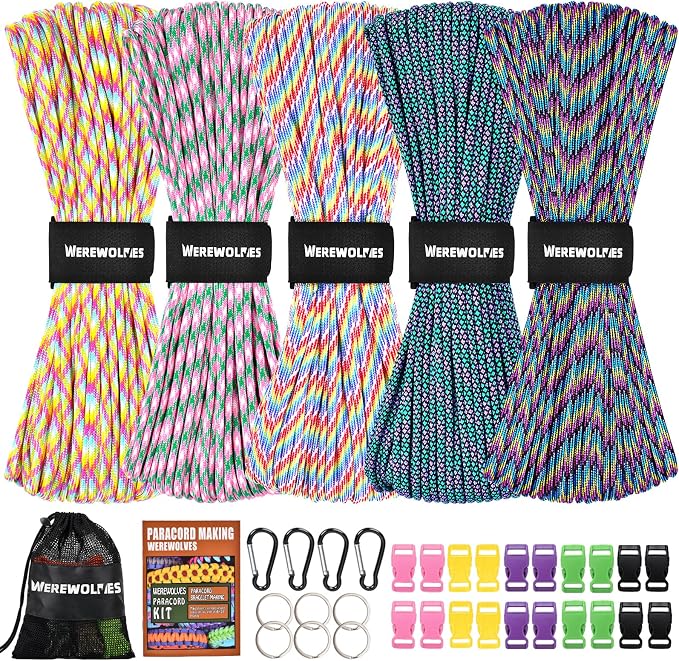 WEREWOLVES 550 Paracord Kits 100ft Each Color - 5 Colors Parachute Cord Combo 7 Strand Type III Parachute Cord 4mm for Crafting, Dog Collar, Survival Bracelets