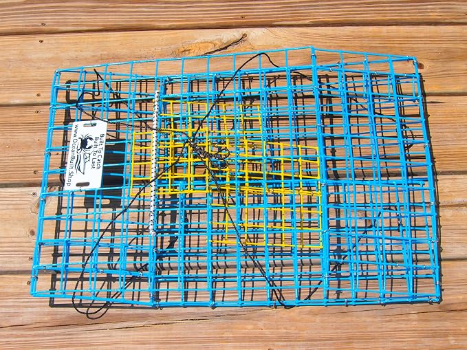 Folding Bridge Blue Crab Trap, Heavy-Duty Metal Wire Mesh Drop-Net, Collapsible Foldable Design, 15" x 15" x 7"