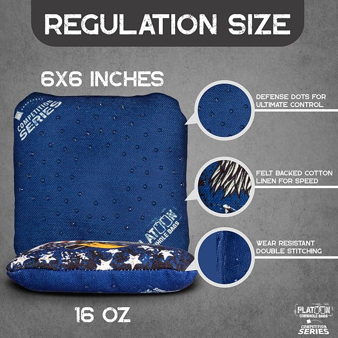 Play Platoon Competition Series Cornhole Bags Set of 8 Regulation Professional Weight Double Sided Slick and Stick with Rubber Sticky Dot Slow Side for Pro Corn Hole Bean Bag Toss Game-Designed in USA