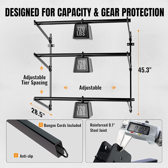 3 Tier Kayak Wall Mount Rack, 45.3" Heavy Duty Canoe Storage Brackets, Foldable Space Saving Hanger, 304 Stainless Steel Screws for Outdoor & Indoor, Fits SUP/Paddle Board