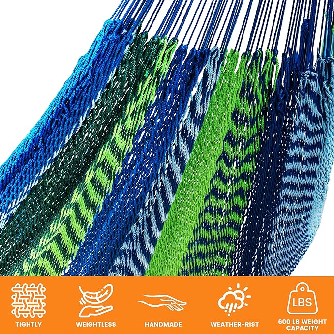 Lazy Daze Hammocks Handwoven XL Mayan Hammock, 10.5 FT Soft Rope Double Hammocks, Portable Outdoor Hammock with Carry Bag, 2 Straps & Carabiners for Patio Outside, 550 lbs Weight Capacity, Blue/Green