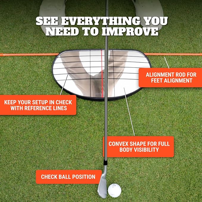 WHYGOLF Alignment Mirror with 2 Alignment Rods, Portable Golf Training Aid for Swing and Putting Practice, Indoor or Outdoor Golf Tool and Mirror Trainer for Consistent Setup and Backswing