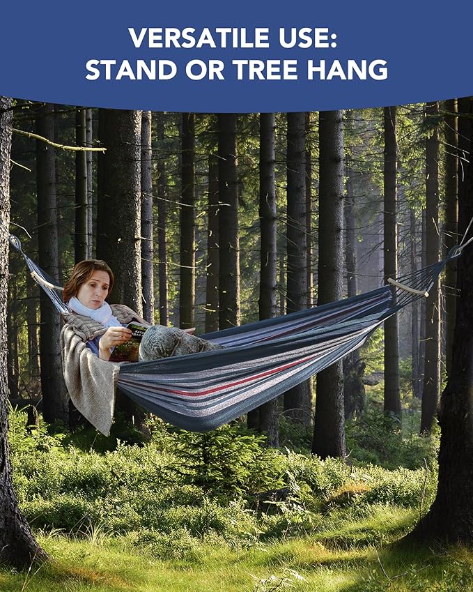 EveryFun Double Hammock with Heavy-Duty Steel Stand,Portable,Easy Assembly,600lbs Weight Capacity,Suit for Indoor,Yard,Camping,or Outdoor-Fine Blue