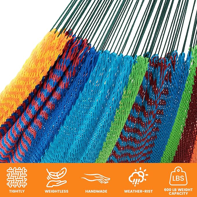 Lazy Daze Hammocks Handwoven XL Mayan Hammock, 10.5 FT Soft Rope Double Hammocks, Portable Outdoor Hammock with Carry Bag, 2 Straps & Carabiners for Patio Outside, 550 lbs Weight Capacity, Multi Color