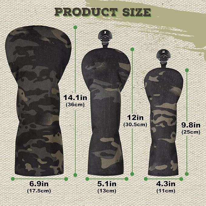 3 Pack Camouflage Golf Club Head Covers for Driver, Fairway Woods and Hybrid with Rotatable Number Tag