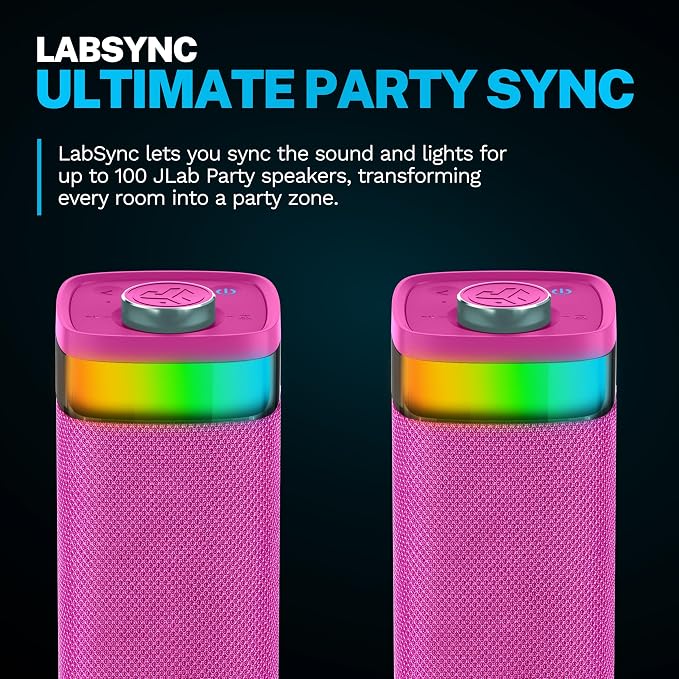 JLab, JBuds Party, Portable Bluetooth Speaker, Waterproof, RGB Lighting, Multi-Speaker Connection, Pink