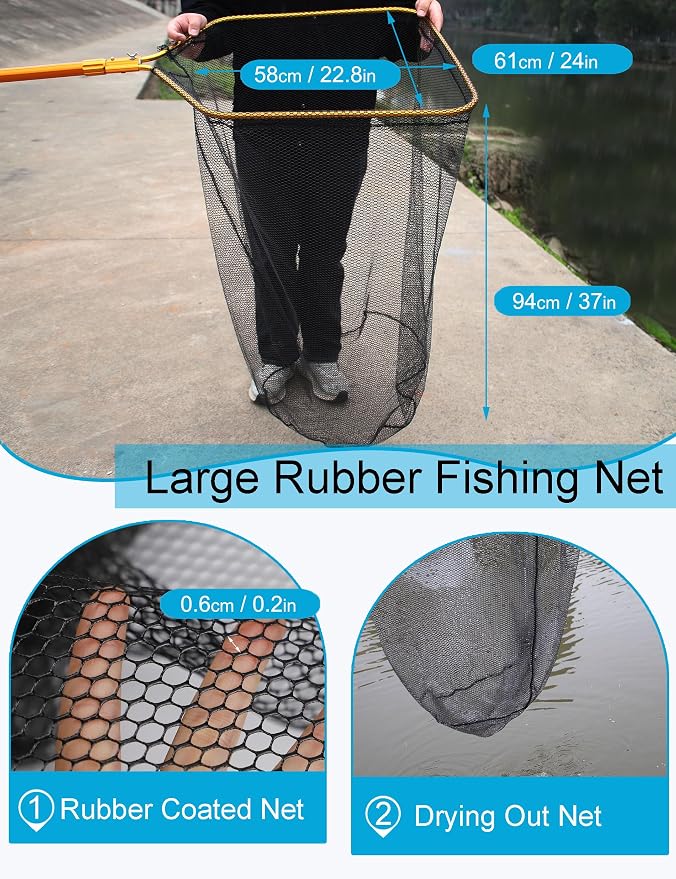 Extra Large Saltwater Fishing Net - 70.8"-105" Heavy Duty Telescopic Aluminum Handle, 37" Deep Snag-Free Rubber Mesh for Big Catfish Bass, Kayak Fishing Net with Carrying Bag