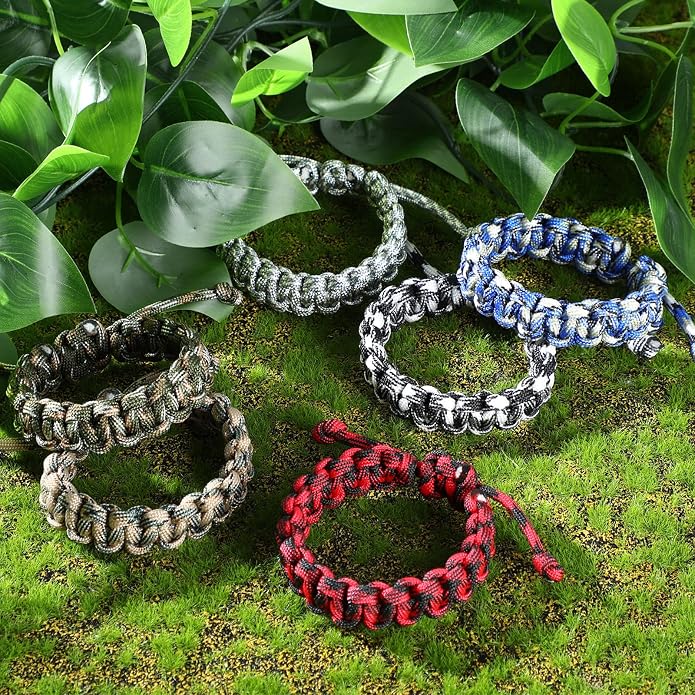 Inbagi 50 Pcs Adjustable Paracord Bracelets Bulk Survival Paracord Survivor Wristband Survival Emergency Tactical Friendship Braided Bracelet for Women Men Camping Climbing Theme Party Favor, 6 Colors