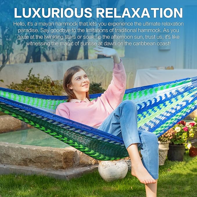 PNAEUT Handwoven Mayan Hammock, Thick Soft Rope Double Hammock for Outdoor Outside & Indoor, 600 lbs Capacity Heavy-Duty, Includes Tree Straps, Carabiners & Carry Bag(Lake Superior, X-Large)
