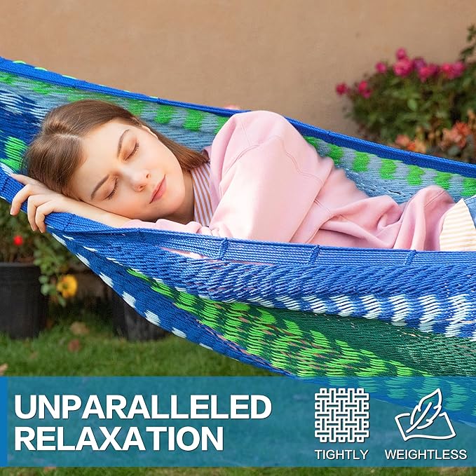PNAEUT Handwoven Mayan Hammock, Thick Soft Rope Double Hammock for Outdoor Outside & Indoor, 600 lbs Capacity Heavy-Duty, Includes Tree Straps, Carabiners & Carry Bag(Lake Superior, X-Large)