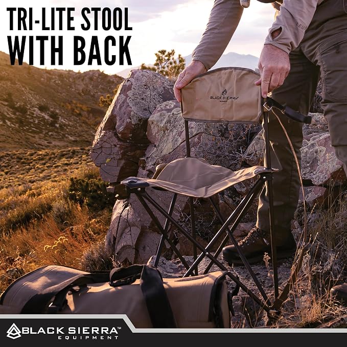 Black Sierra Tri-Lite Folding Stool with Backrest & Cup Holder, Lightweight Portable Hunting Fishing Chair with Carry Strap, Collapsible Outdoor Tripod Seat Supports 225 lbs
