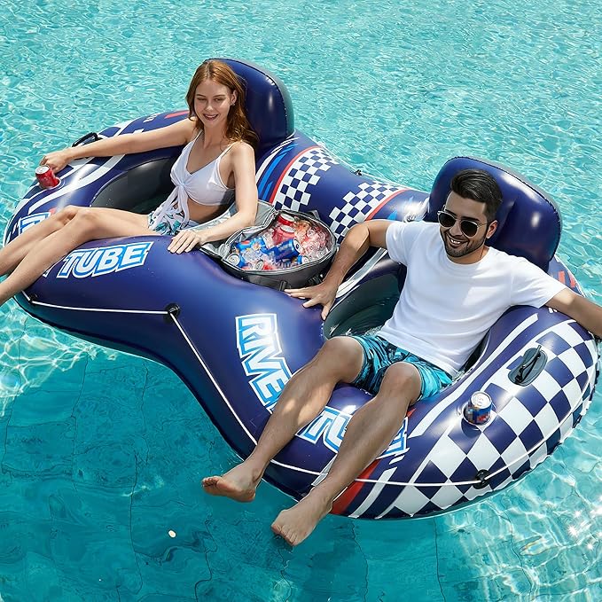 Jasonwell Inflatable River Tube Float - 2 Person Heavy Duty River Float Pool Floats with Removable Cooler Lake Water Tubes for Floating River Raft Lounge Floatie with 2 Cup Holders for Adults (D-Blue)